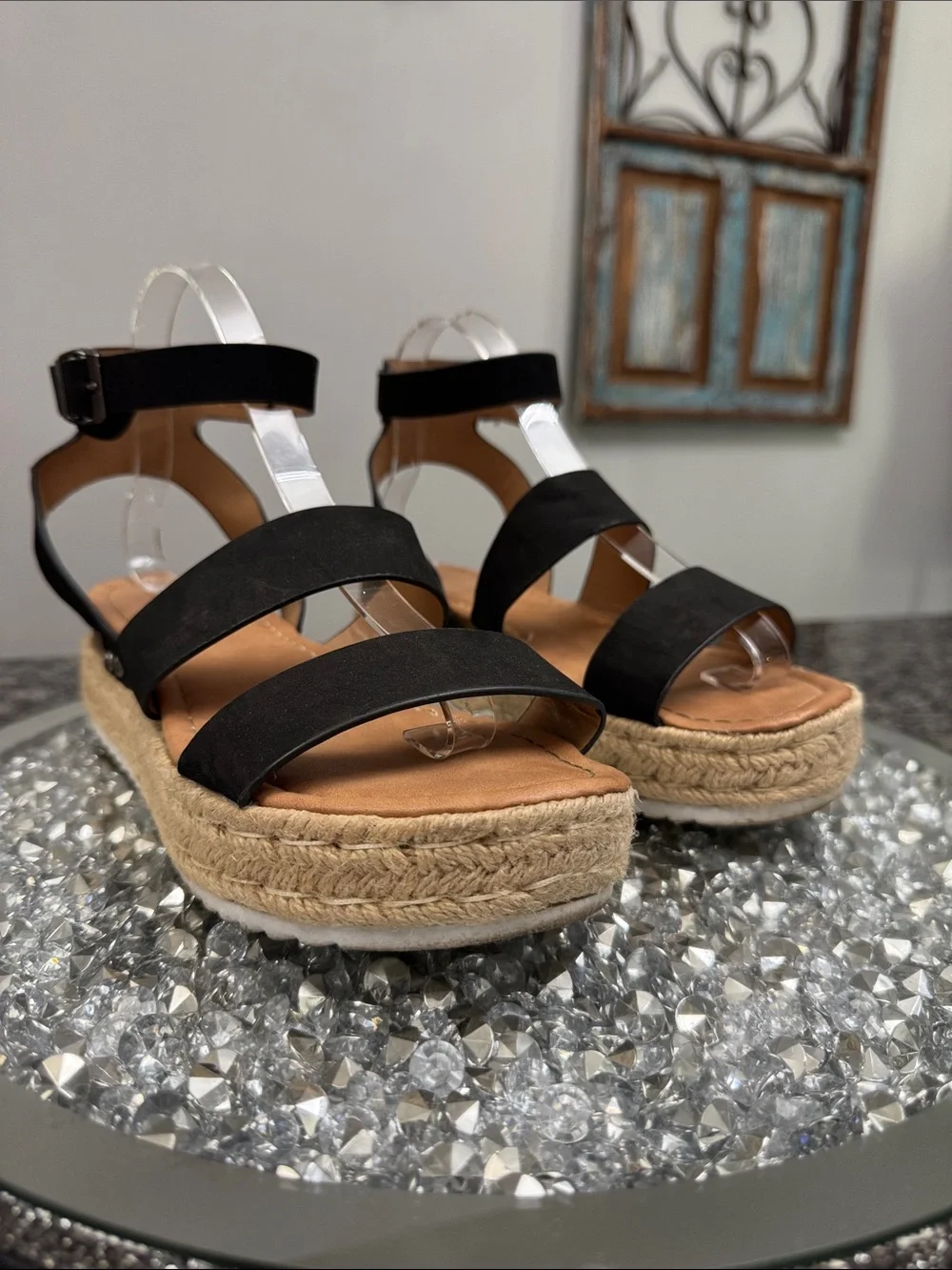 Black Platform Espadrille Sandals with Ankle Strap EUC 8.5